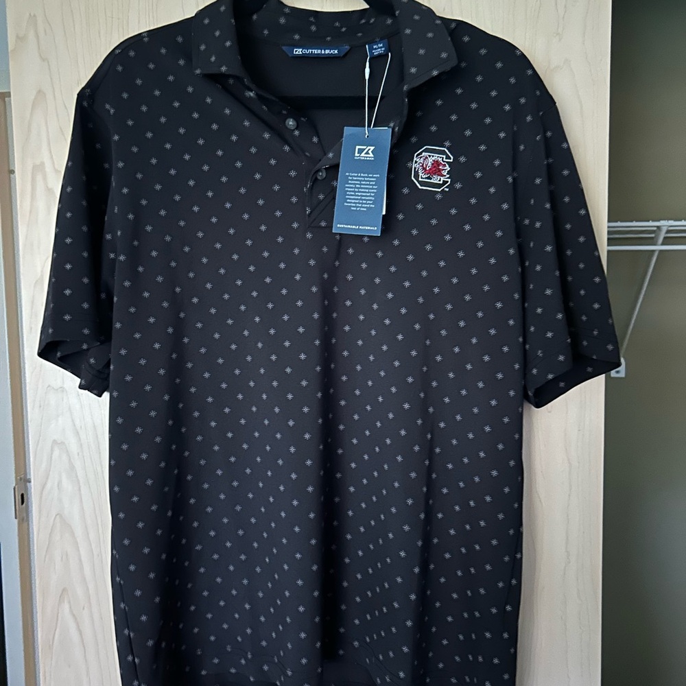 NWT Cutter & Buck Double Dot Print Gamecocks Black Patterned Polo Shirt